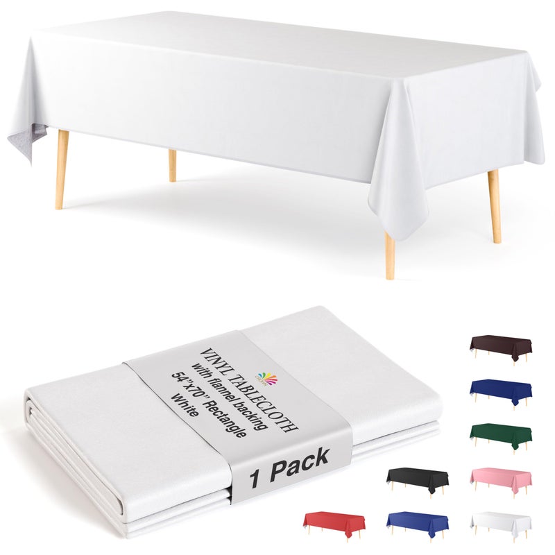 Exquisite White Vinyl Tablecloths - 54 in. x 70 in. - Pack of 1 Rectangle Tablecloth with Flannel Backing - Plastic, Reusable & Waterproof - Image 1